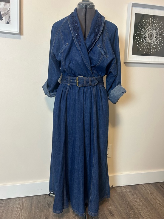 Vintage Dresses & Skirts - Vintage Together Dark Wash Denim Maxi Dress Beaded Collar Size 12
